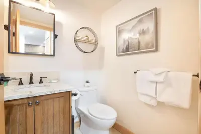 a bathroom with a toilet and a sink and a mirror at Large Village loft with Private Hot Tub and Private Sauna in Whistler