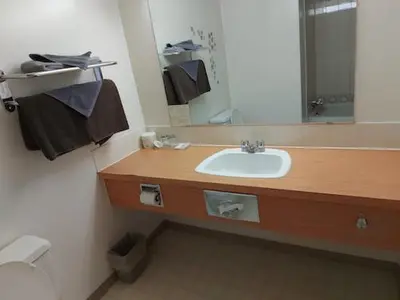 a bathroom with a sink and a mirror at Tamarack Inn in Rocky Mountain House