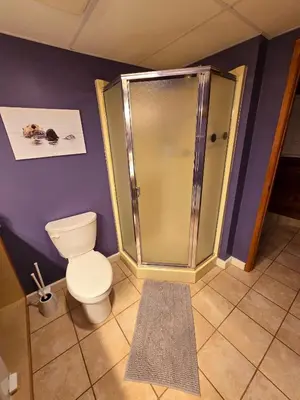 a bathroom with a toilet and a shower at Ocean's Edge in Port Alice