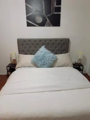 a bed with a blue pillow on top of it at Covepark house in Calgary