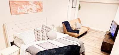 a living room with a bed and a couch at Casa Andrei in Edmonton