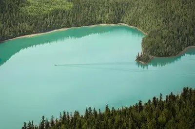 an aerial view of a blue lake with trees at River Safari Mountain View Suite in Blue River