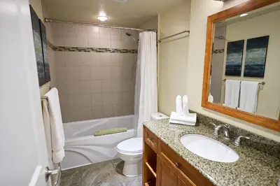 a bathroom with a sink and a toilet and a tub at Awesome 2BR in Lynn Valley in North Vancouver