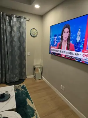 a living room with a flat screen tv on a wall at 2 Bedroom Secondary Suite in Calgary
