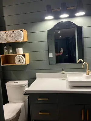 a bathroom with a toilet and a sink and a mirror at Sagebrush Caboose in Okanagan Falls