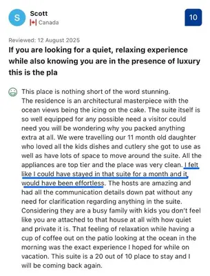a screenshot of a text message about a conversation with a critic at Mountain Suite - Ocean View Fire Pit - Fully Equipped Kitchen - WD in Nanaimo