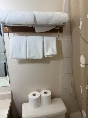 a bathroom with a toilet with white towels on it at Sunrise Motel in Consort