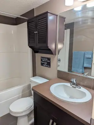 a bathroom with a sink and a toilet and a mirror at Well located Condo in North of Calgary in Calgary