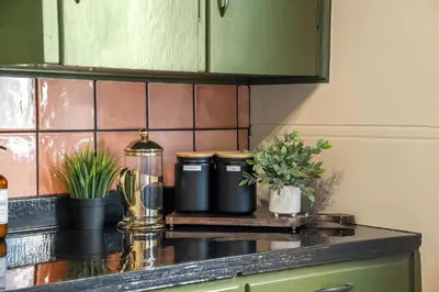 a kitchen counter with a blender and potted plants at The Accountant - Sleeps 3 Guests - DT Drumheller in Drumheller