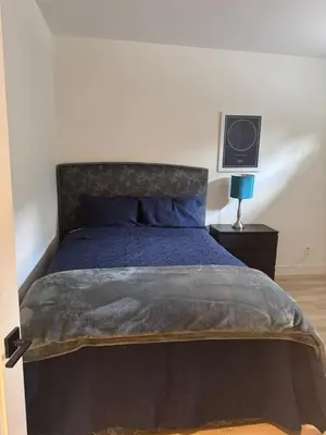 a bedroom with a bed with a blue comforter at Beautiful 2 Bedroom suite in White Rock