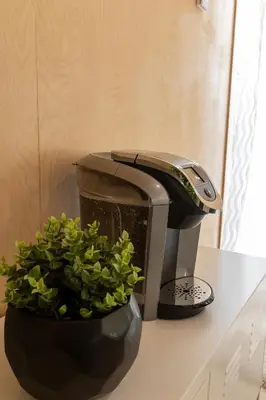 a toaster sitting on a counter next to a potted plant at River's Edge Glamping in Clearwater