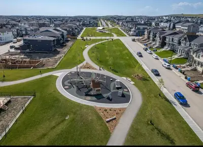 an aerial view of a park in a city at Relax, Recharge, Repeat 2Bedroom Walkout Haven in Calgary