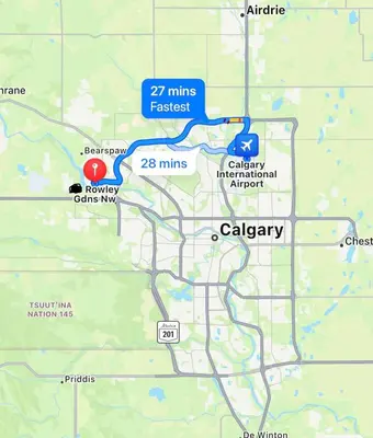 a map showing the location of miles east of calgary at Cozzy & Brand New Apartment, Near Banff Hwy in Calgary