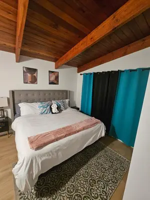 a bedroom with a large bed with blue curtains at P&N Suites - DELUXE KING ROOM- PARIS in Edmonton