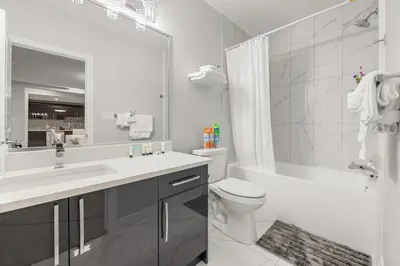 a bathroom with a sink and a toilet and a shower at Entire 1 bed and Den Near YEG International Airport in Nisku