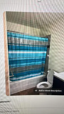 a bathroom with a blue shower curtain and a toilet at Cozy & bright private one-bed rm in Edmonton