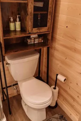a bathroom with a white toilet in a room at Quiet Country Cabin in Waiparous Village