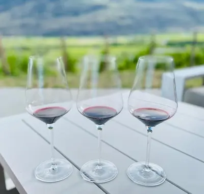 three glasses of red wine sitting on a table at Sandy beach Sauvignon cottage - Osoyoos escapade 3bd-2bt in Osoyoos