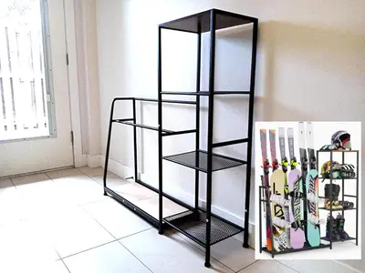a black shelving unit with skis in a room at O Charming Bright Queen Bed Room Ensuite in West Vancouver