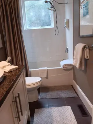 a bathroom with a tub and a toilet and a sink at Sand and Salt Bed & Breakfast in White Rock