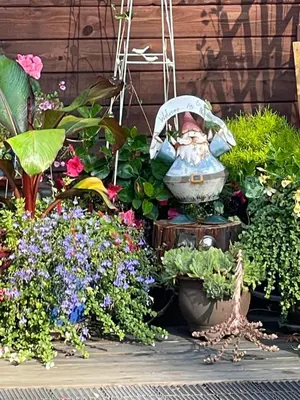 a flower garden with a bird bath and flowers at Oyster River Guest Room in Campbell River