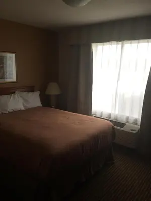 a hotel room with a bed and a window at Foxwood Inn and Suites in Fox Creek