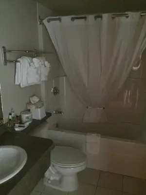 a bathroom with a toilet and a tub and a sink at Foxwood Inn and Suites in Fox Creek