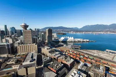 an aerial view of a city with a harbor at Luxury Central Apartment with City Views in Vancouver