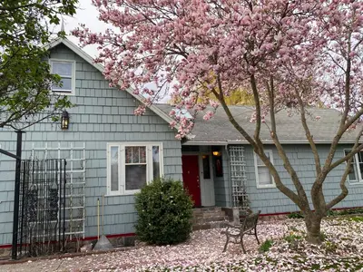 a house with a flowering tree in front of it at Blackbird Glen Bed and Breakfast, Glenmore, Kelowna, BC in Kelowna