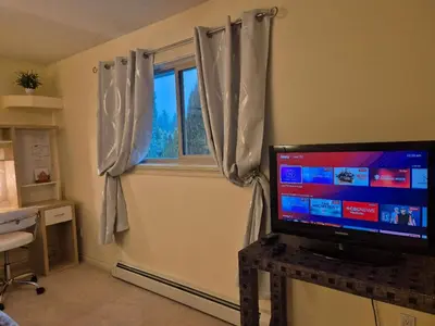 a living room with a television and a window at Meadow Ridge Haven in Maple Ridge District Municipality