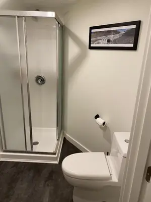 a white bathroom with a shower and a toilet at Bluebird Nest in Golden