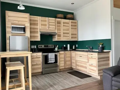 a kitchen with wooden cabinets and a green wall at Birch Suite in Golden
