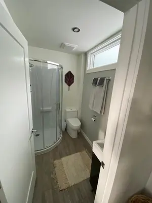 a bathroom with a shower and a toilet at Birch Suite in Golden