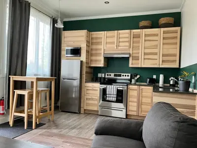 a kitchen with wooden cabinets and stainless steel appliances at Birch Suite in Golden