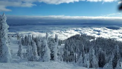 a view of a snowy mountain with trees and clouds at Sparkling NEW Rossland Midtown Studio Apartment in Rossland