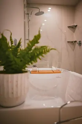a bathroom with a potted plant on a sink at Courtenay Luxe Suite in Courtenay