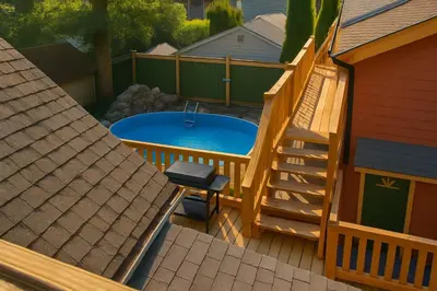 a deck with a plunge pool and a wooden stairs at Quaint Attic Suite with Heated Pool Year-Round in Victoria
