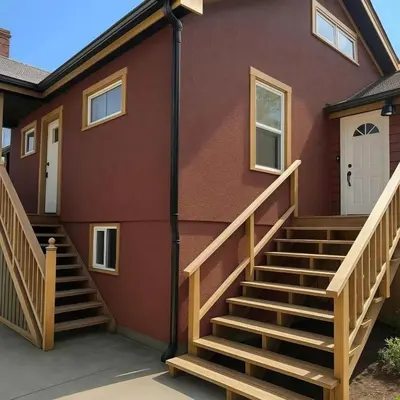 a house with stairs leading to the front door at Quaint Attic Suite with Heated Pool Year-Round in Victoria