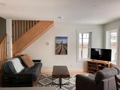 a living room with a couch and a tv at Tamarack Suite in Golden