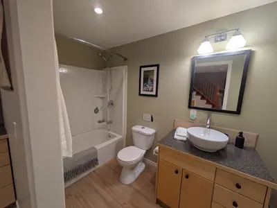 a bathroom with a toilet and a sink and a tub at Fresh Studio Apartment in Central Rossland in Rossland