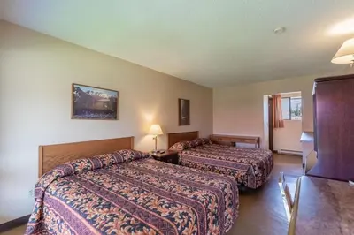a hotel room with two beds and a television at Hotel viewmont in Logan Lake