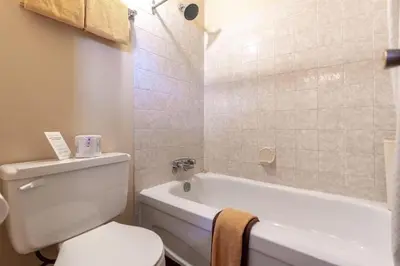a bathroom with a white toilet and a bath tub at Hotel viewmont in Logan Lake