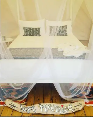 a large bed in a tent with a net at Haida Gwaii Glamping in Tlell
