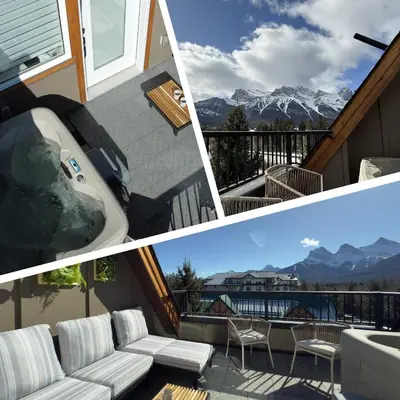 a collage of three pictures of a balcony with mountains at Memory Lodge in Canmore