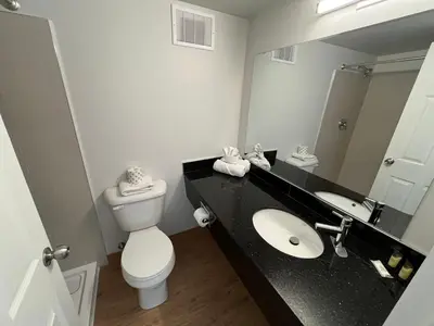 a bathroom with a sink and a toilet and a mirror at The Lodge Inn in Edmonton