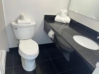 a bathroom with a toilet and a sink at The Lodge Inn in Edmonton