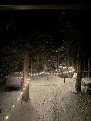 a park with lights in the snow at night at Rustic Cozy Cabin with hot tub in Bragg Creek