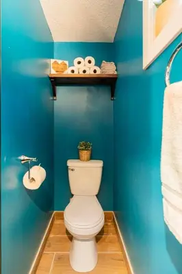 a bathroom with a toilet and a blue wall at Rustic Cozy Cabin with hot tub in Bragg Creek