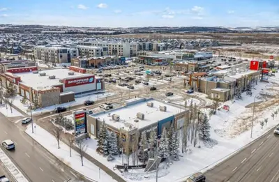 an aerial view of a city with buildings at Cozy 2BR Private Basement Suite, Free Parking, WiFi, 1 Hr to Banff, 20 Min to City in Calgary