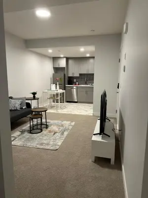 a living room with a couch and a television at The Modern Nest-one bedroom basement suite in Calgary